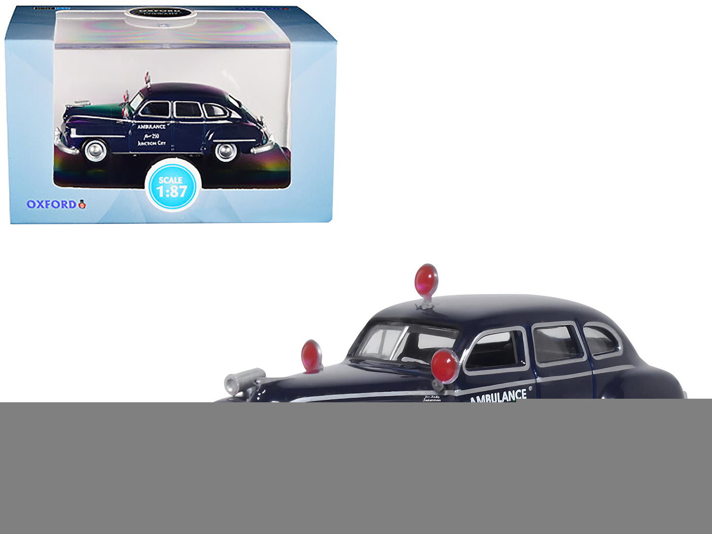 1946 DeSoto Suburban Ambulance Dark Blue "Junction City Ambulance" 1/87 (HO) Scale Diecast Model Car by Oxford Diecast